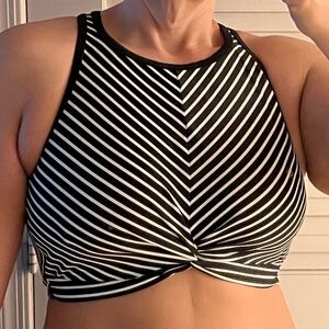 High Neck Twist Front Bikini Top Black & White Stripes w/ Bra Support Sz Large